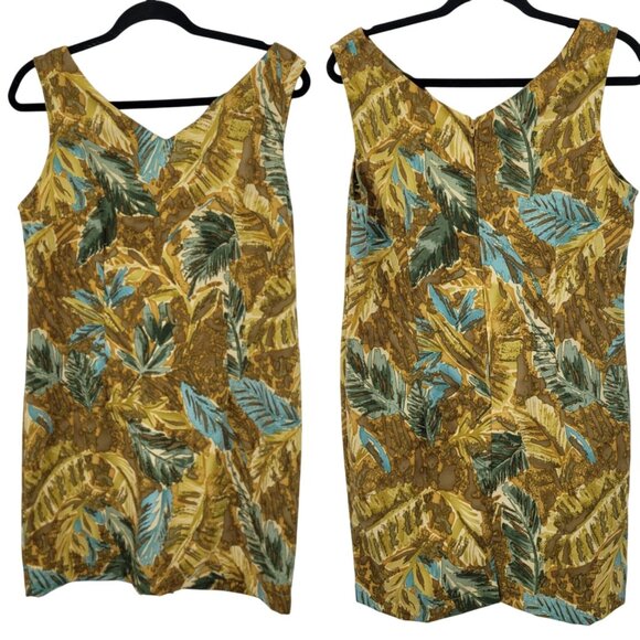 Vtg Mini Shift Dress Sz 10 Leaf Print Sleeveless V-Neck Brown Topical Resort - Picture 1 of 11